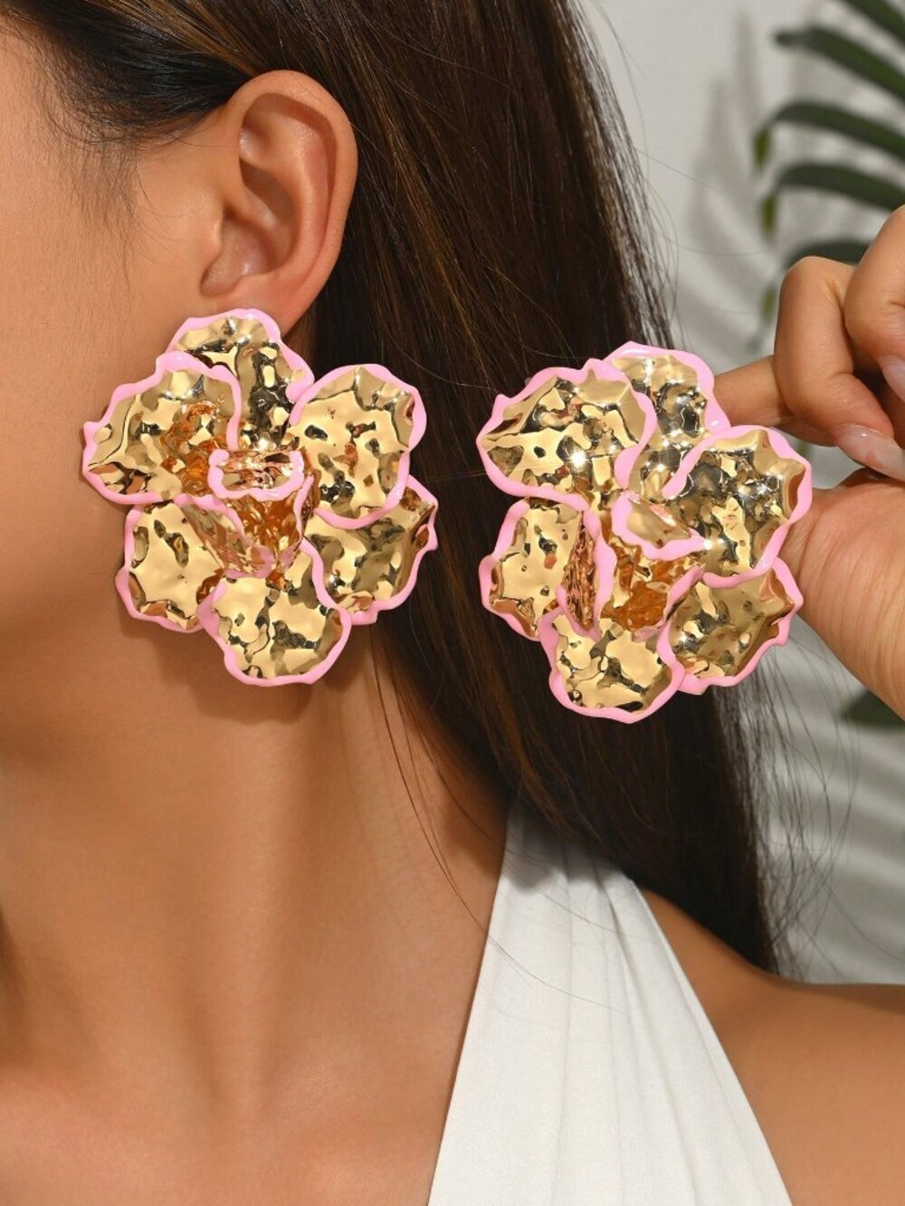 Pink Elegant Women's Luxury Enamel Ruched 3d Floral Hoop Earrings
